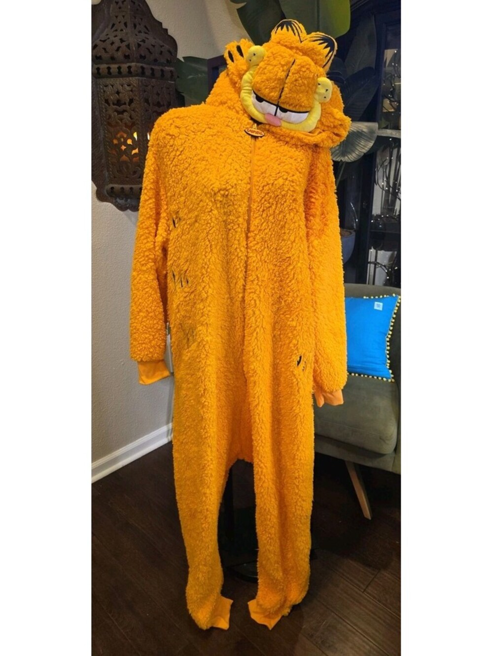 Garfield Costume Adult Jumpsuit One-Piece Hooded Plush Pajamas Orange OS